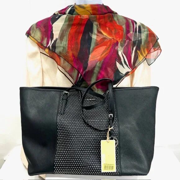 New $348  MICHAEL KORS BLACK STUD LARGE LEATHER TOTE SHOULDER BAG With Scarf (4) - Picture 2 of 13